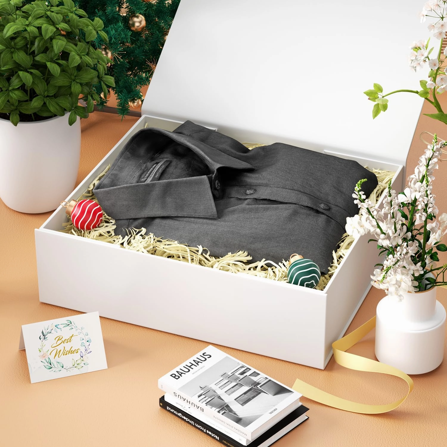 Gift Boxes with Lids, 11.5x7.8x3 In White Gift Box for Presents Magnetic Closure for T-Shirts, Gloves, Scarves, Books, Baby Clothes, Clothing Gift Wrap, Contains Card, Ribbon (5PACK)