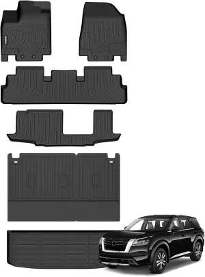GINOWY-Floor Mats & Cargo Mat for Nissan Pathfinder 2022-2025 8 Passenger, TPE All Weather Pathfinder Car Floor Mats, Non-Slip Backrest Mat Waterproof Pathfinder Floor Liners Accessories Black