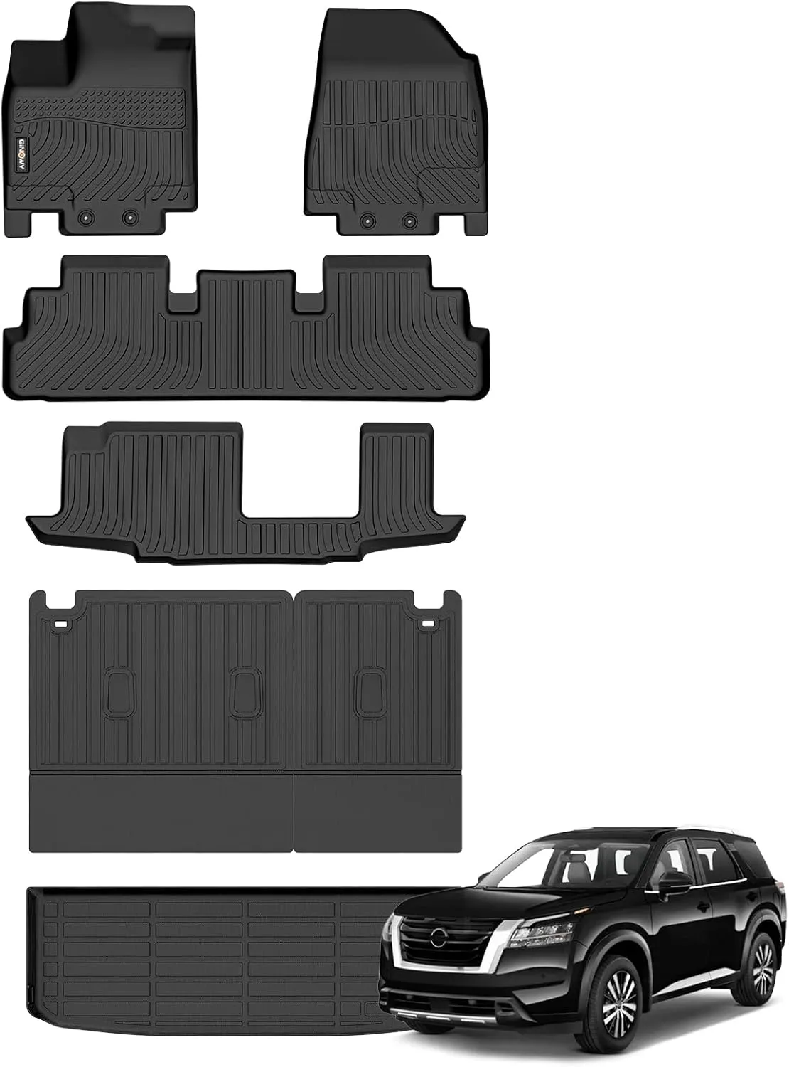 GINOWY-Floor Mats & Cargo Mat for Nissan Pathfinder 2022-2025 8 Passenger, TPE All Weather Pathfinder Car Floor Mats, Non-Slip Backrest Mat Waterproof Pathfinder Floor Liners Accessories Black