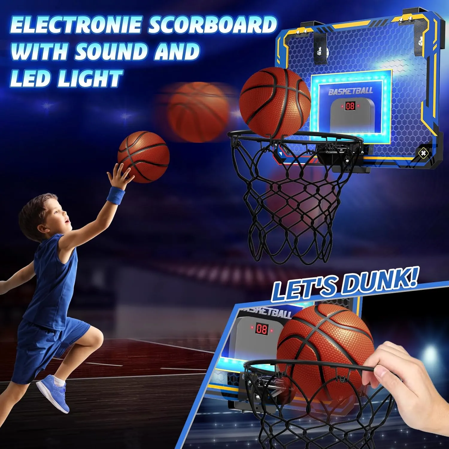 GMAOPHY Mini Basketball Hoop with Electronic Scoreboard Over The Door, Basketball Hoop Indoor for 5 6 7 8 9 10  Year Old Boys Kids, Birthday Gift Sport Toys