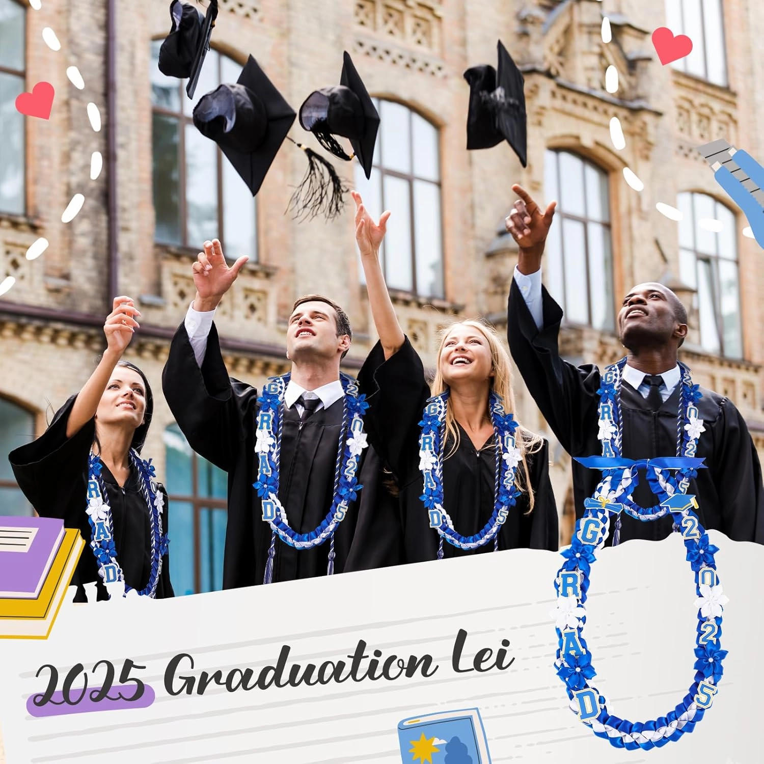 Graduation Ribbon Lei Class of 2025 Grad Lei Kit Graduation Double Braided Necklace with Honor Cord for Graduate Women Men High School College Grad Party Supplies(Blue, White)