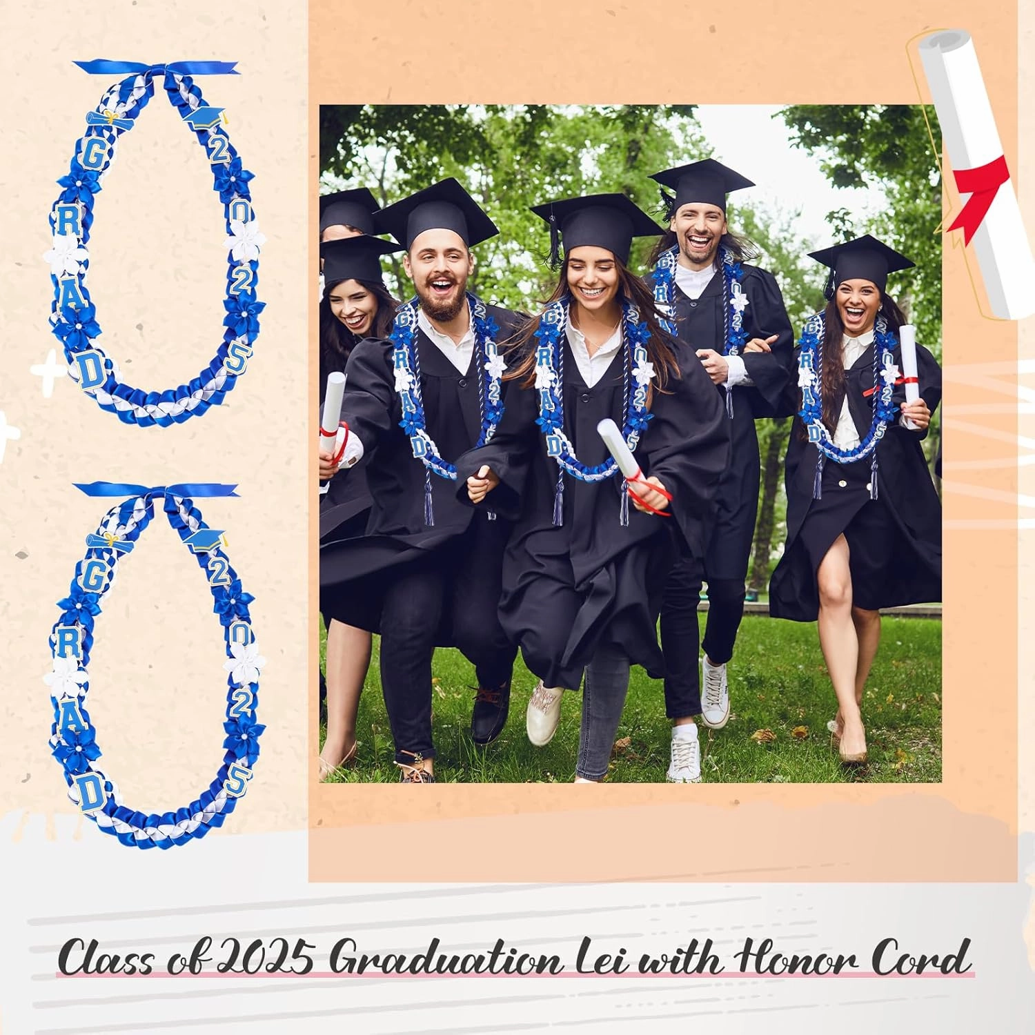 Graduation Ribbon Lei Class of 2025 Grad Lei Kit Graduation Double Braided Necklace with Honor Cord for Graduate Women Men High School College Grad Party Supplies(Blue, White)