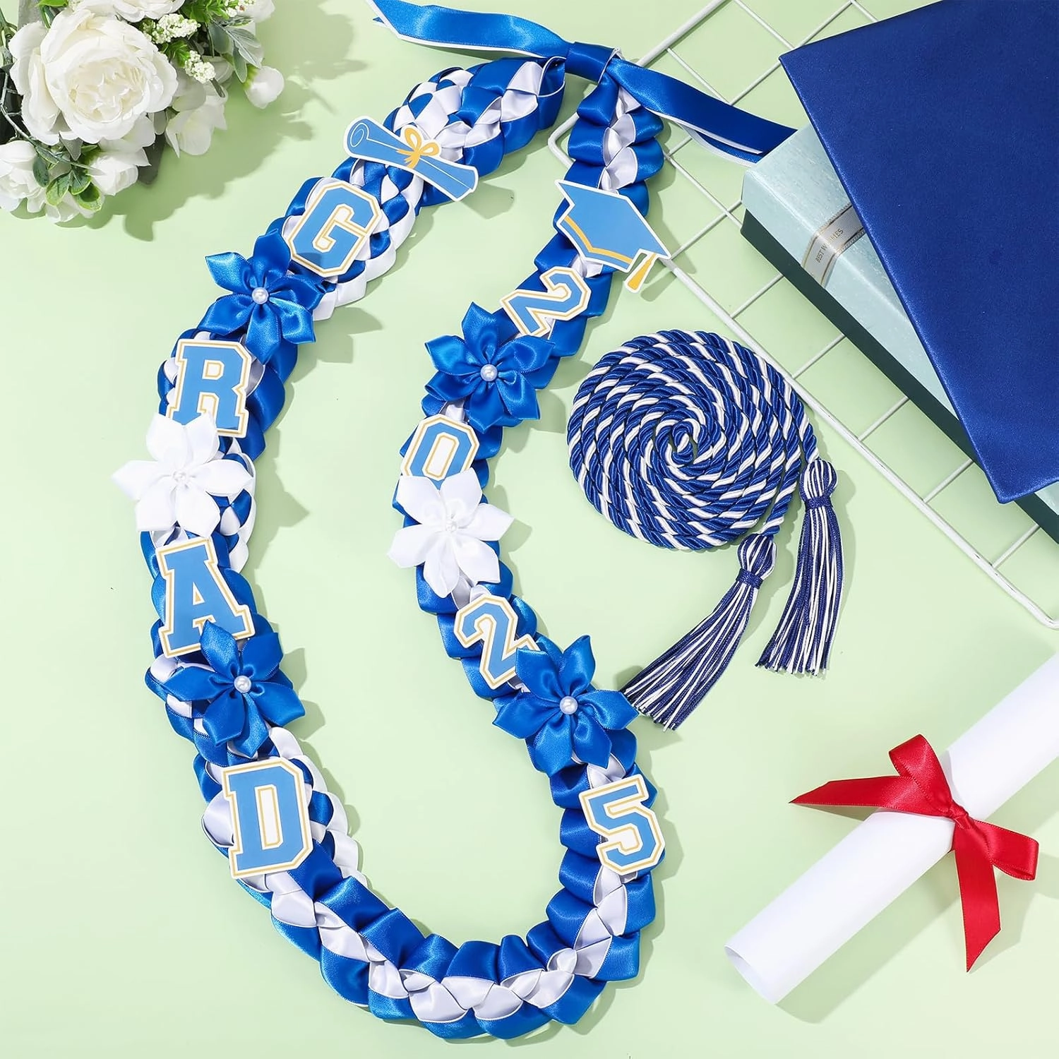 Graduation Ribbon Lei Class of 2025 Grad Lei Kit Graduation Double Braided Necklace with Honor Cord for Graduate Women Men High School College Grad Party Supplies(Blue, White)