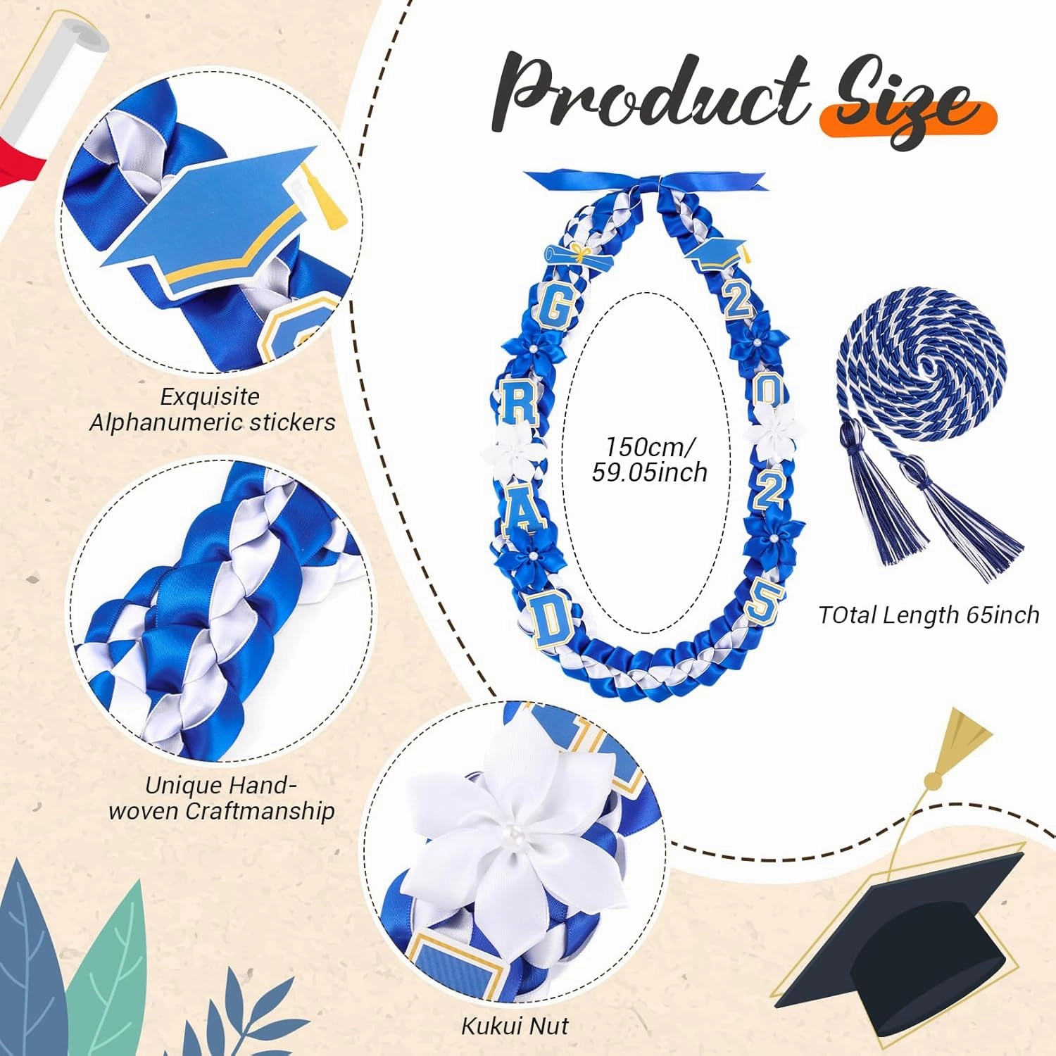 Graduation Ribbon Lei Class of 2025 Grad Lei Kit Graduation Double Braided Necklace with Honor Cord for Graduate Women Men High School College Grad Party Supplies(Blue, White)