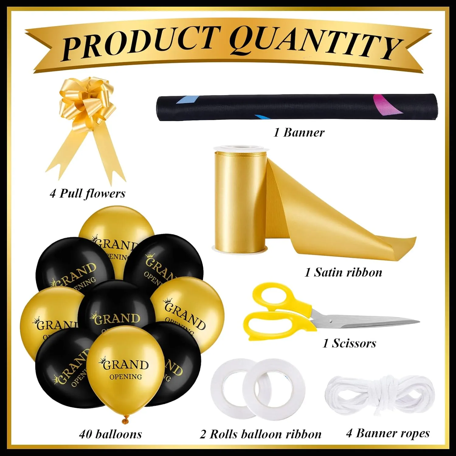 Grand Opening Ribbon Cutting Ceremony Kit Grand Opening Banner Decorations with 10'' Scissors 40 Pcs Balloons Satin Ribbon Bows and More Supplies for Business Events(Black Gold)