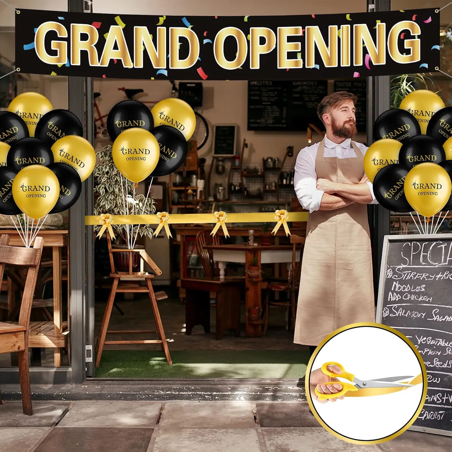 Grand Opening Ribbon Cutting Ceremony Kit Grand Opening Banner Decorations with 10'' Scissors 40 Pcs Balloons Satin Ribbon Bows and More Supplies for Business Events(Black Gold)