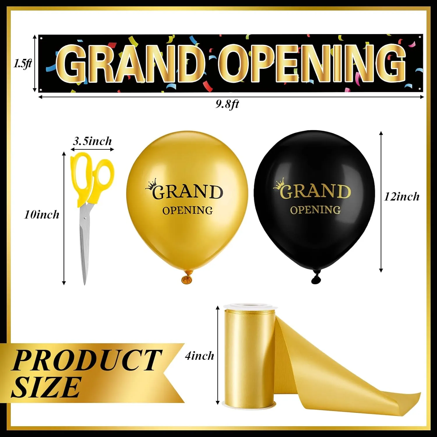 Grand Opening Ribbon Cutting Ceremony Kit Grand Opening Banner Decorations with 10'' Scissors 40 Pcs Balloons Satin Ribbon Bows and More Supplies for Business Events(Black Gold)