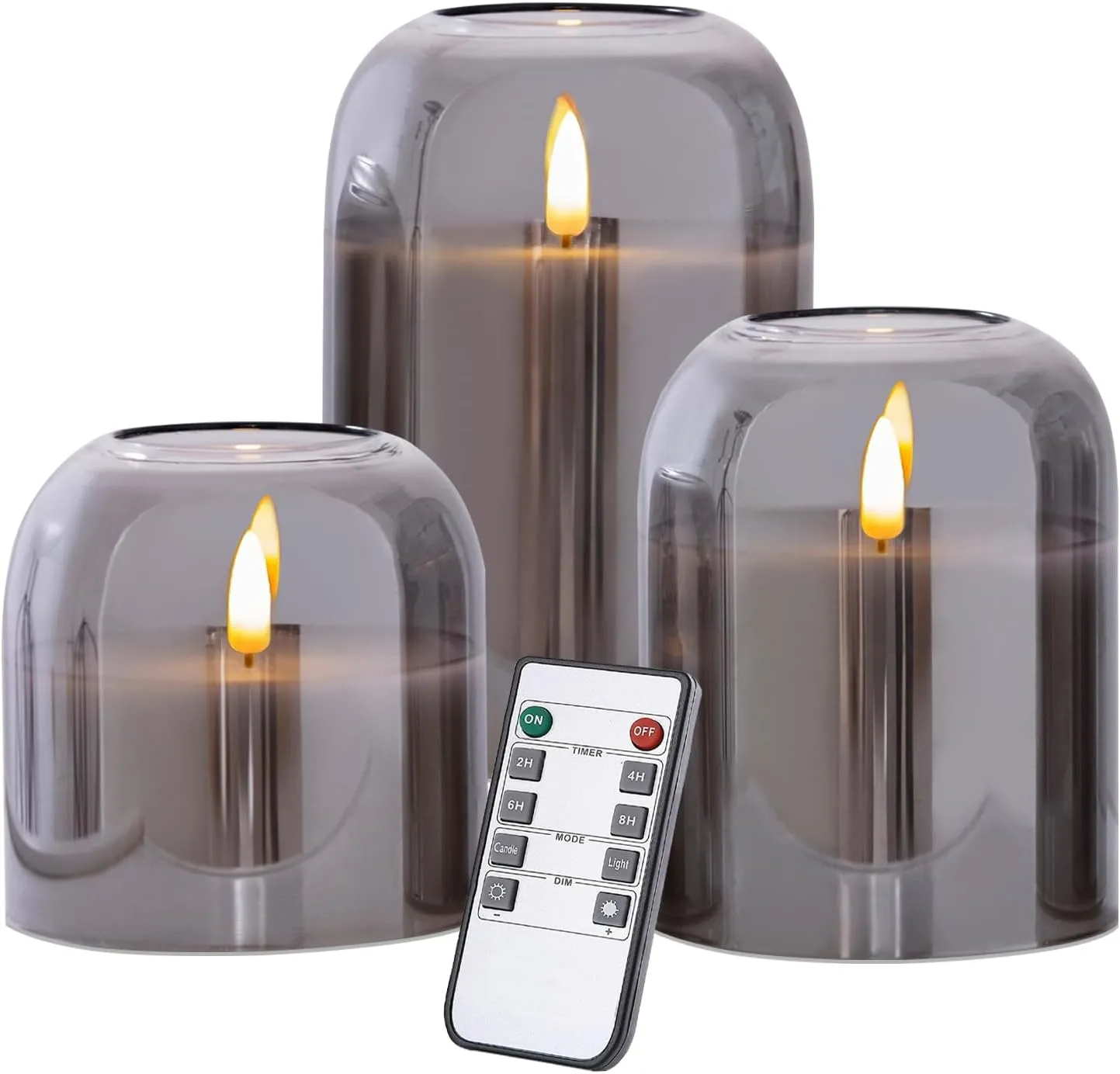Grey Glass Flameless Candles Set of 3 (Φ 4" H 4" 5" 6") with Remote Battery Operated Flickering LED Pillar Candles Real Wax 3D Wick