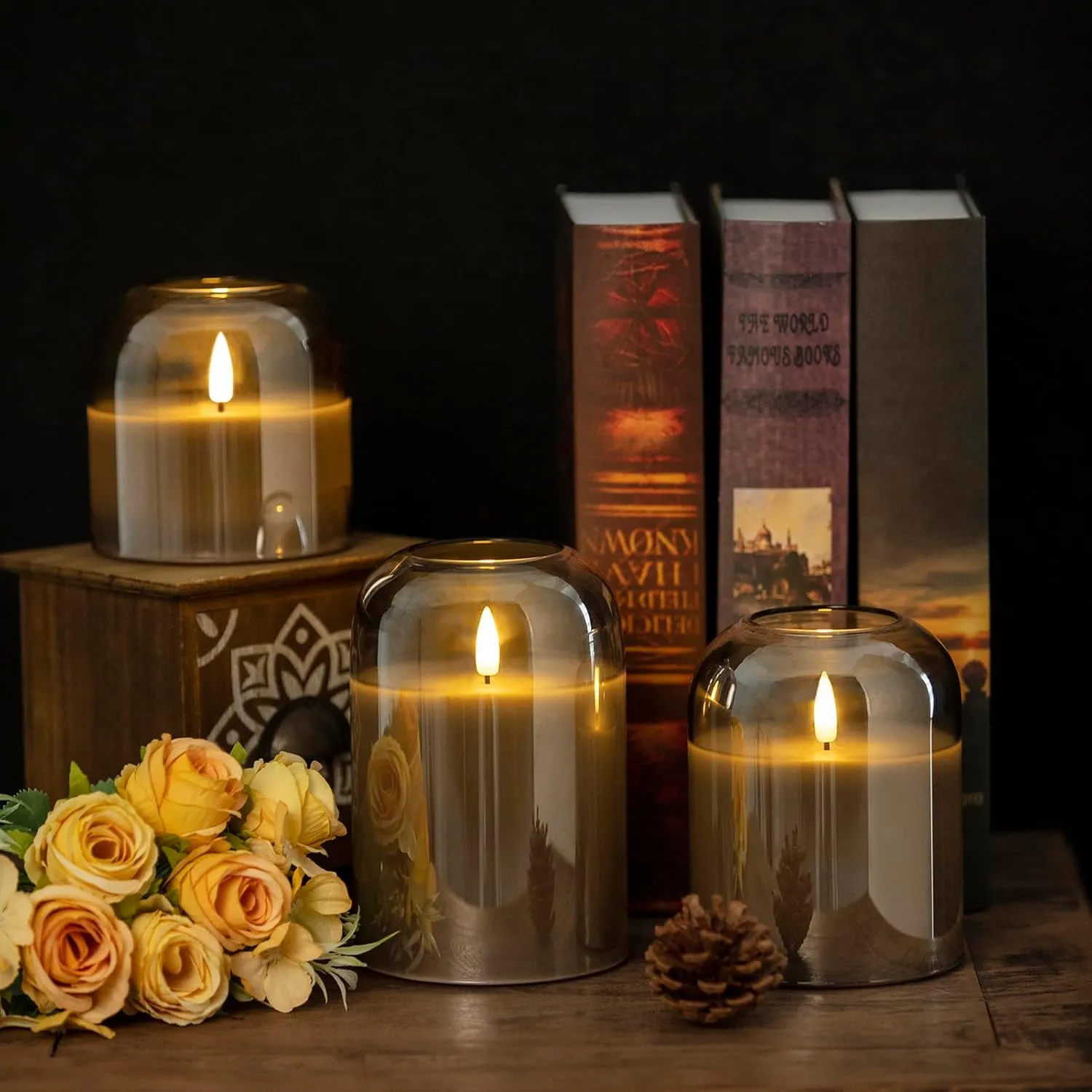 Grey Glass Flameless Candles Set of 3 (Φ 4" H 4" 5" 6") with Remote Battery Operated Flickering LED Pillar Candles Real Wax 3D Wick