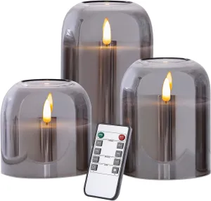 Grey Glass Flameless Candles Set of 3 (Φ 4" H 4" 5" 6") with Remote Battery Operated Flickering LED Pillar Candles Real Wax 3D Wick