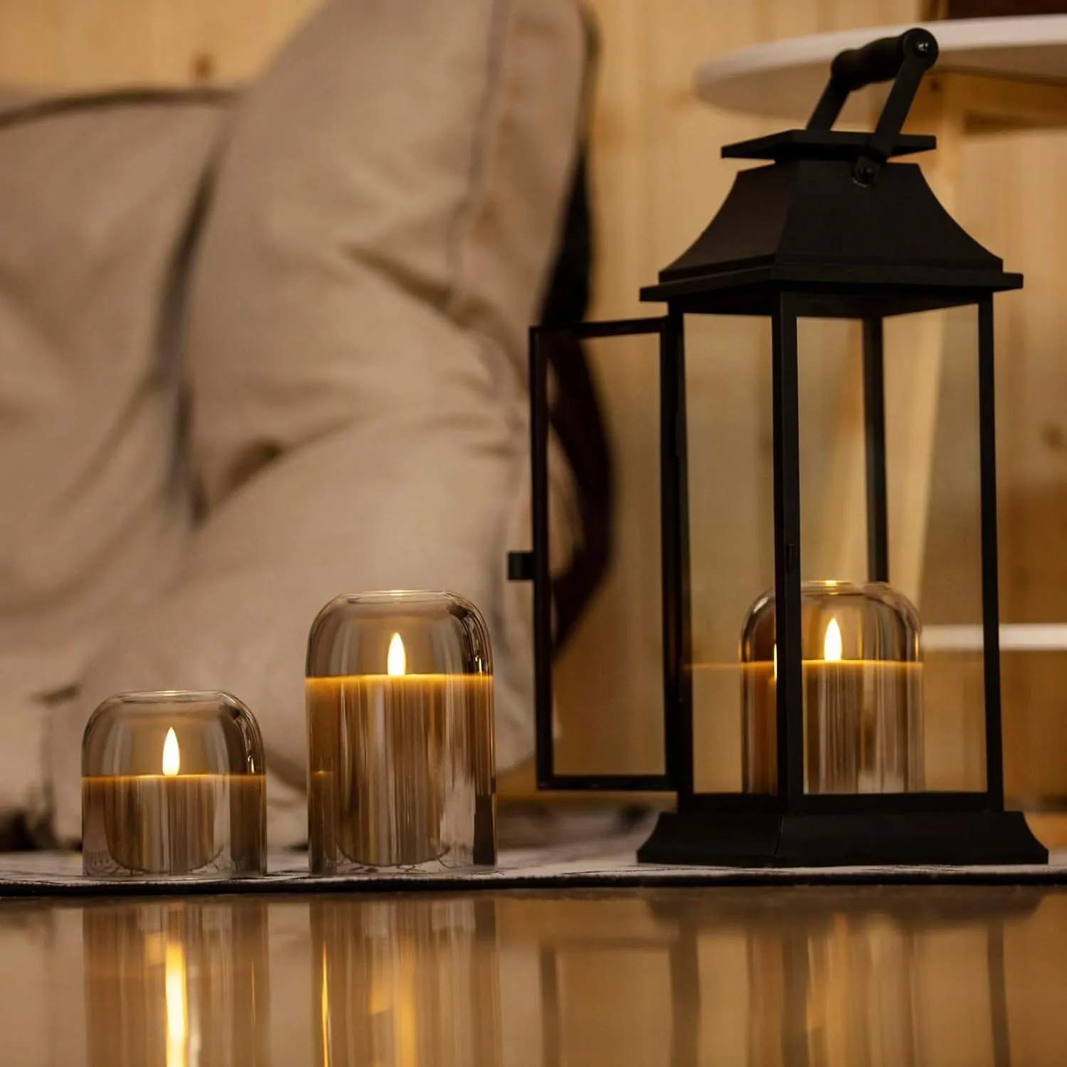 Grey Glass Flameless Candles Set of 3 (Φ 4" H 4" 5" 6") with Remote Battery Operated Flickering LED Pillar Candles Real Wax 3D Wick