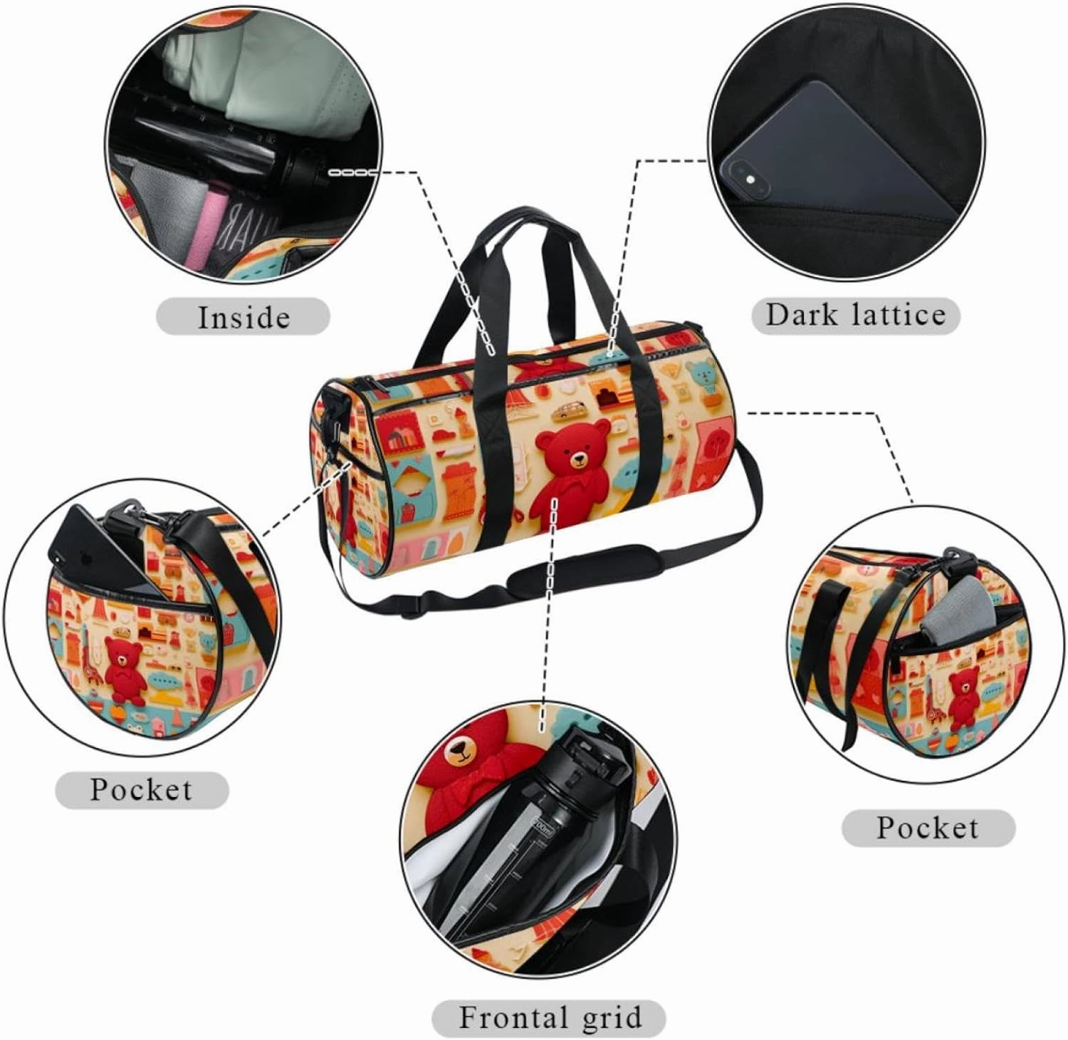 Gym Bag for Women,Small Gym Bag for Men,Cartoon Doodle Cartoon Bear,Overnight Bag