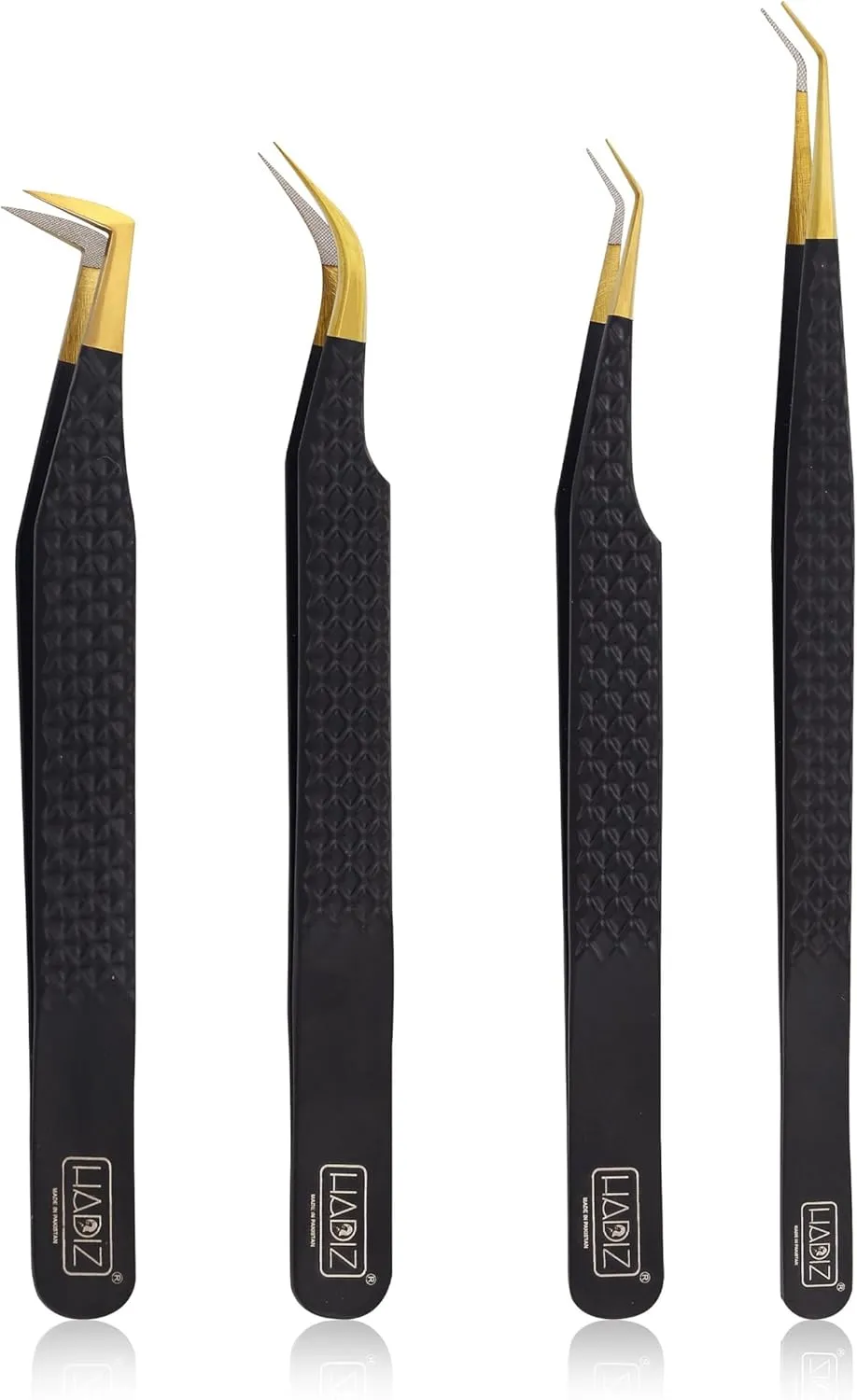 HADIZ Set of 4 Fiber Tip Diamond Grip Eyelash Extensions Tweezers Japanese Stainless Steel Lash Tweezer(Black)