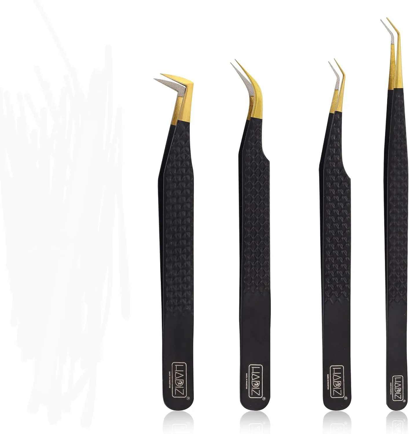 HADIZ Set of 4 Fiber Tip Diamond Grip Eyelash Extensions Tweezers Japanese Stainless Steel Lash Tweezer(Black)