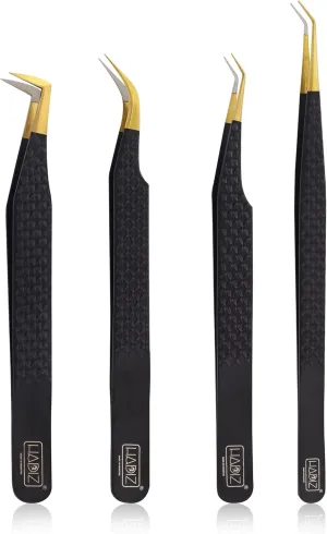 HADIZ Set of 4 Fiber Tip Diamond Grip Eyelash Extensions Tweezers Japanese Stainless Steel Lash Tweezer(Black)