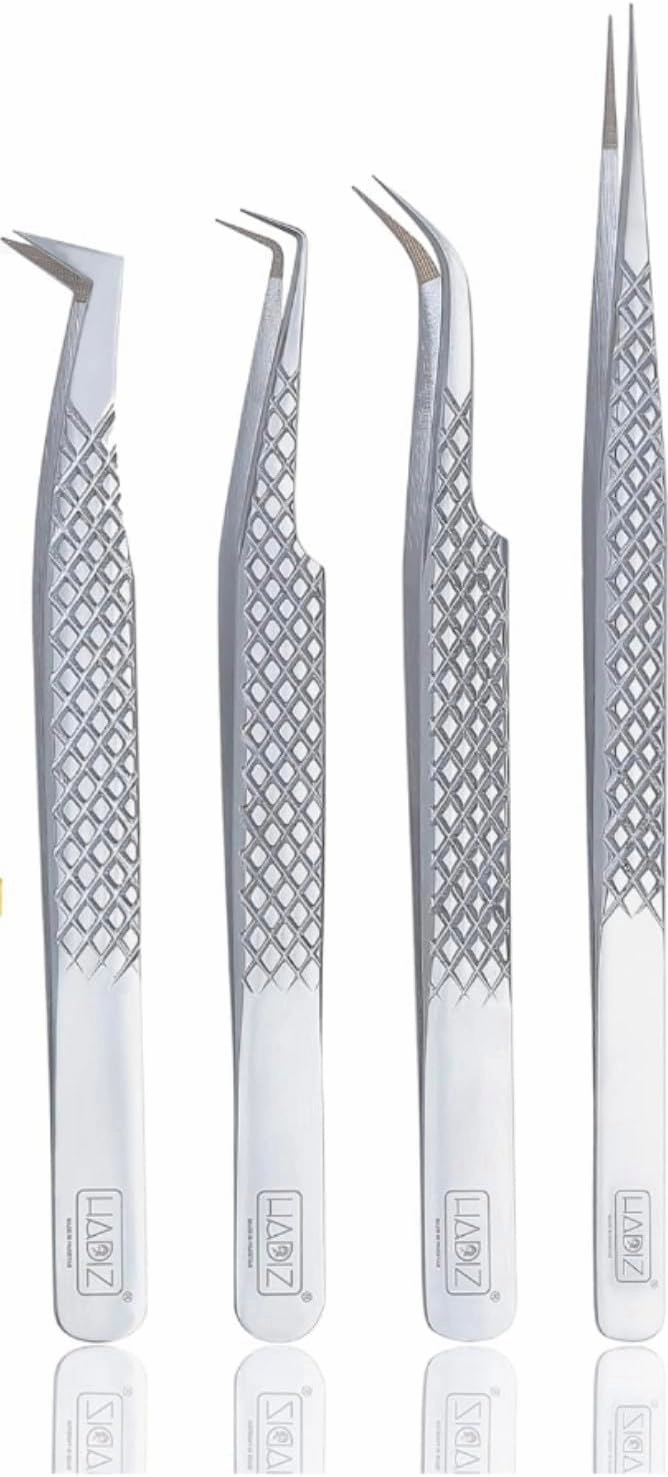 HADIZ Fiber Tip Lash Tweezers Set Of 4 Eyelash Extension Tweezer Professional Anti Slip Diamond Grip Japanese Steel