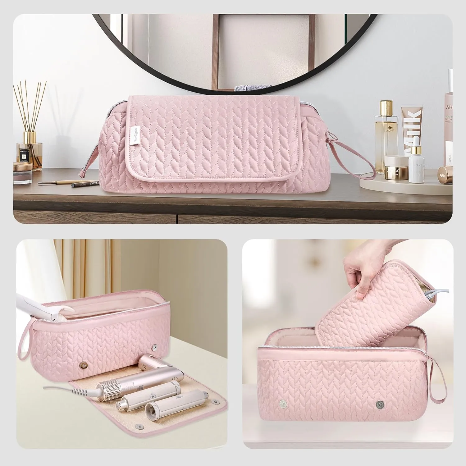 Hair Tools Travel Bag Karsyon Heat Resistant Mat Case Hot Tools Straightener, Curling Iron,Hair Dryers,Haircare Accessories Travel Essentials for Women 2 in 1 Organizer Bags (Pink)