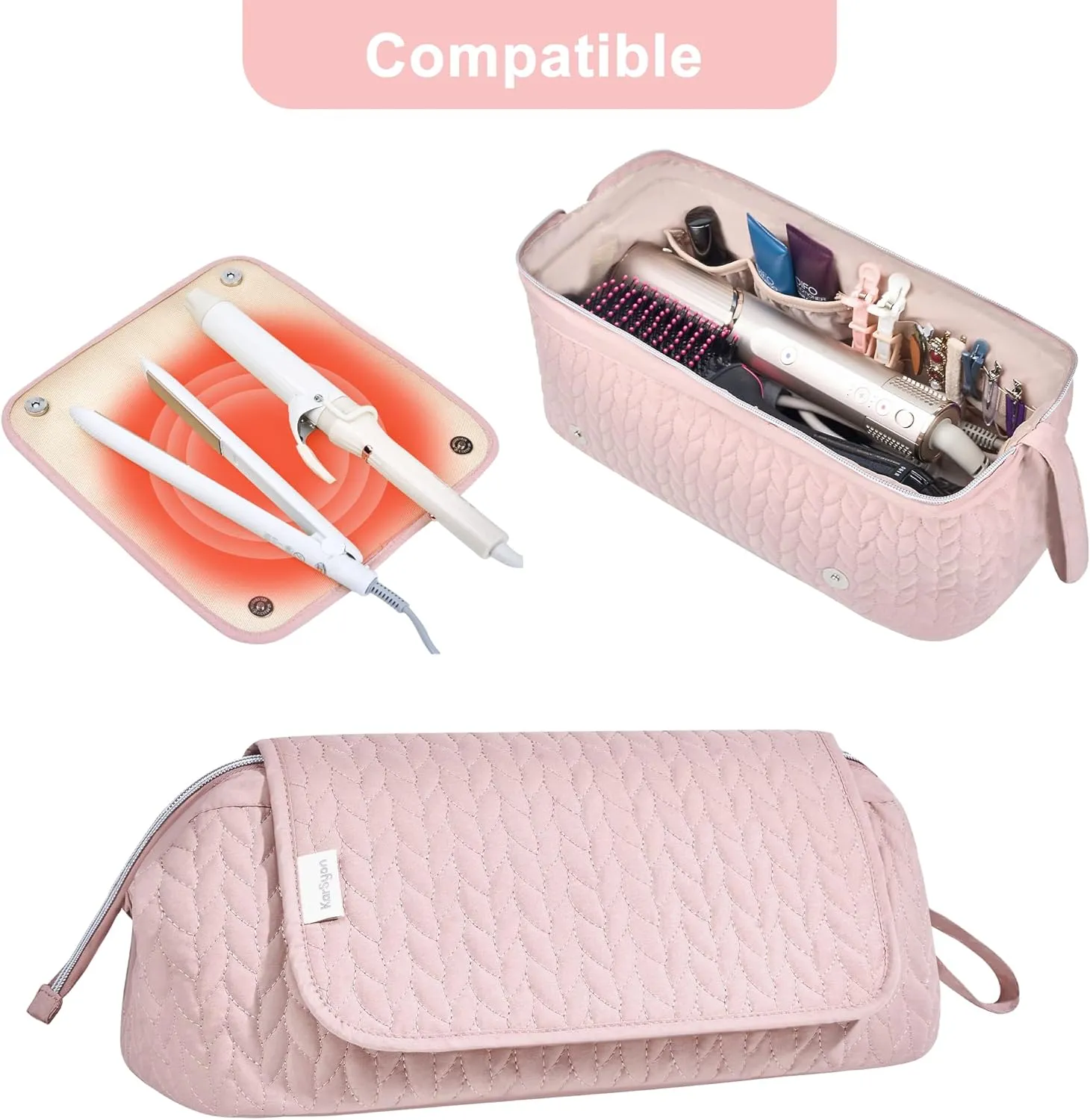 Hair Tools Travel Bag Karsyon Heat Resistant Mat Case Hot Tools Straightener, Curling Iron,Hair Dryers,Haircare Accessories Travel Essentials for Women 2 in 1 Organizer Bags (Pink)