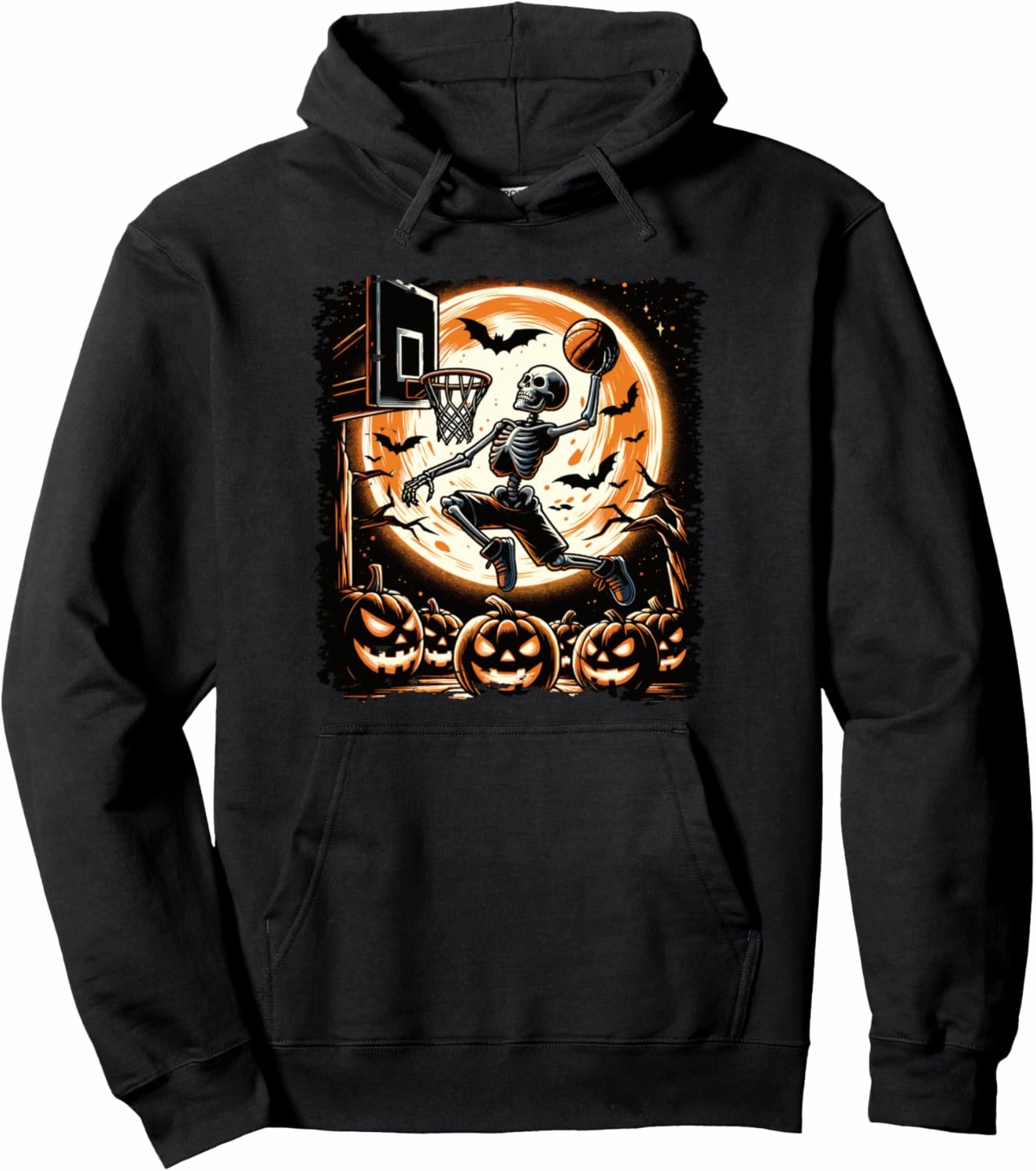 Halloween Basketball Dunk Skeleton Pumpkins Bats Full Moon Pullover Hoodie