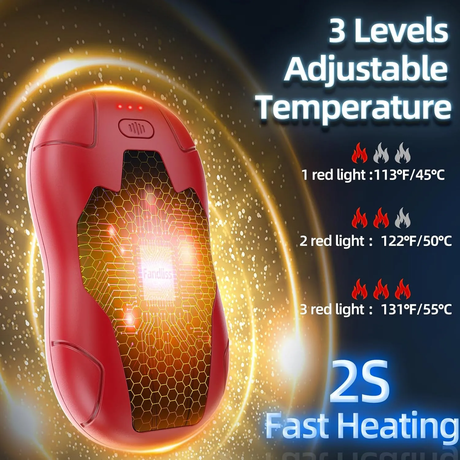 Hand Warmers Rechargeable 2 Pack,FANDLISS 10000mAh Magnetic Double Side Heating, Electric Hand Warmers 3 Levels Lasting Heat,Outdoor Heater Men Women Present for Christmas,Camping,Hunting
