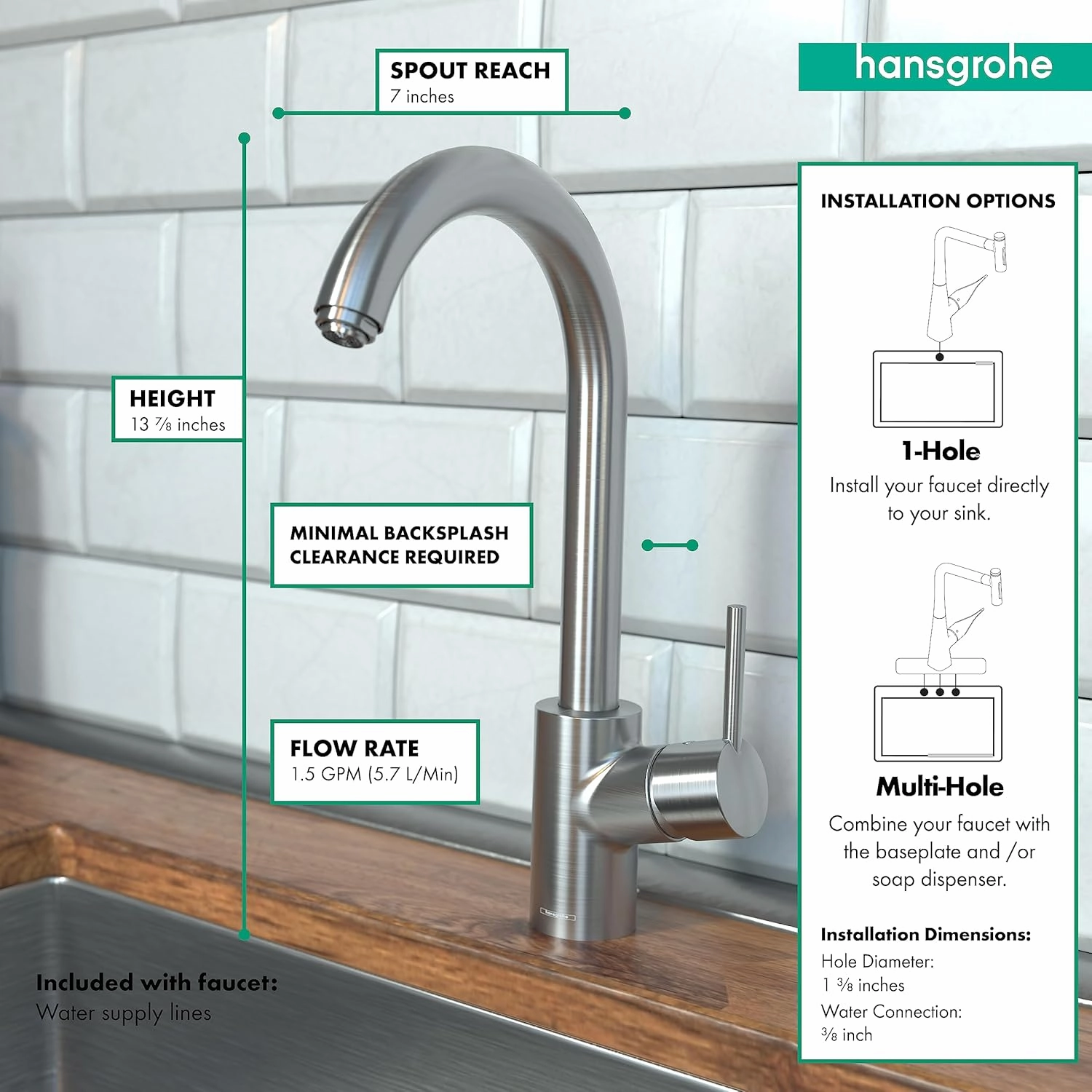 hansgrohe Talis S Stainless Steel High Arc Kitchen Faucet, Kitchen Faucets with Swivel, Faucet for Kitchen Sink, Stainless Steel Optic 04870800