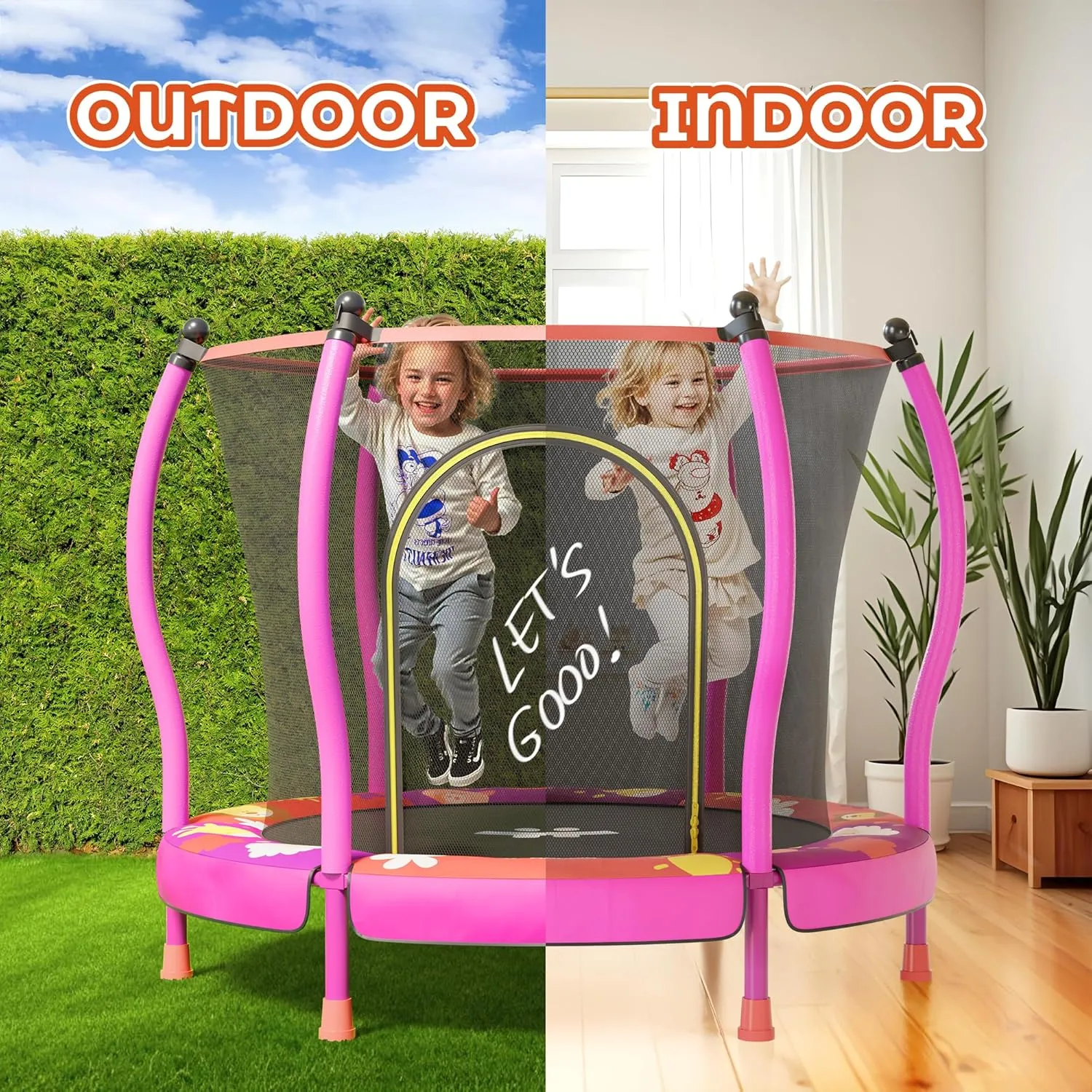 Happin® 55” Toddler Trampoline Indoor & Outdoor Playset, 5FT Kids Trampoline, Ultra Safe Mini Trampoline for Kids with Safety Enclosure Net, Gifts for Birthday with Basketball Hoop