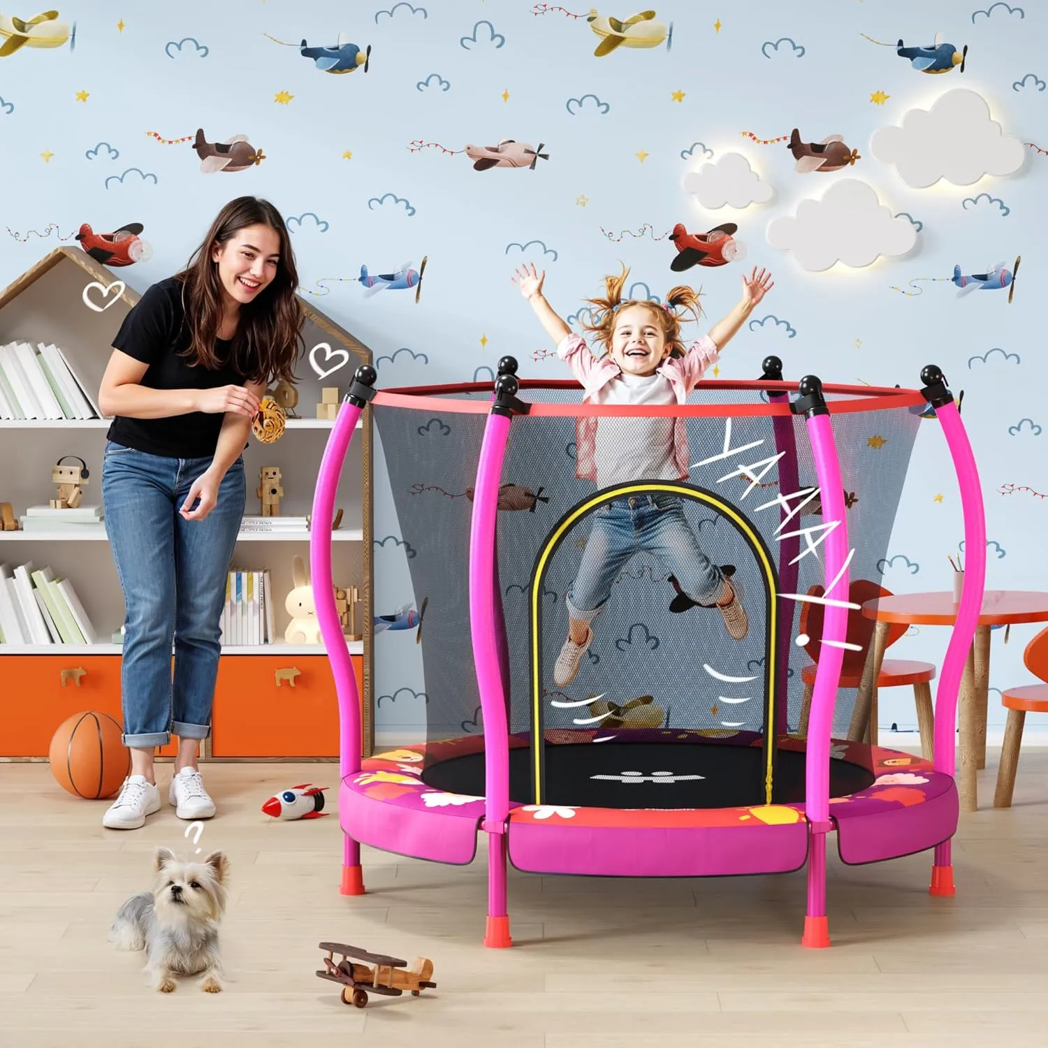 Happin® 55” Toddler Trampoline Indoor & Outdoor Playset, 5FT Kids Trampoline, Ultra Safe Mini Trampoline for Kids with Safety Enclosure Net, Gifts for Birthday with Basketball Hoop