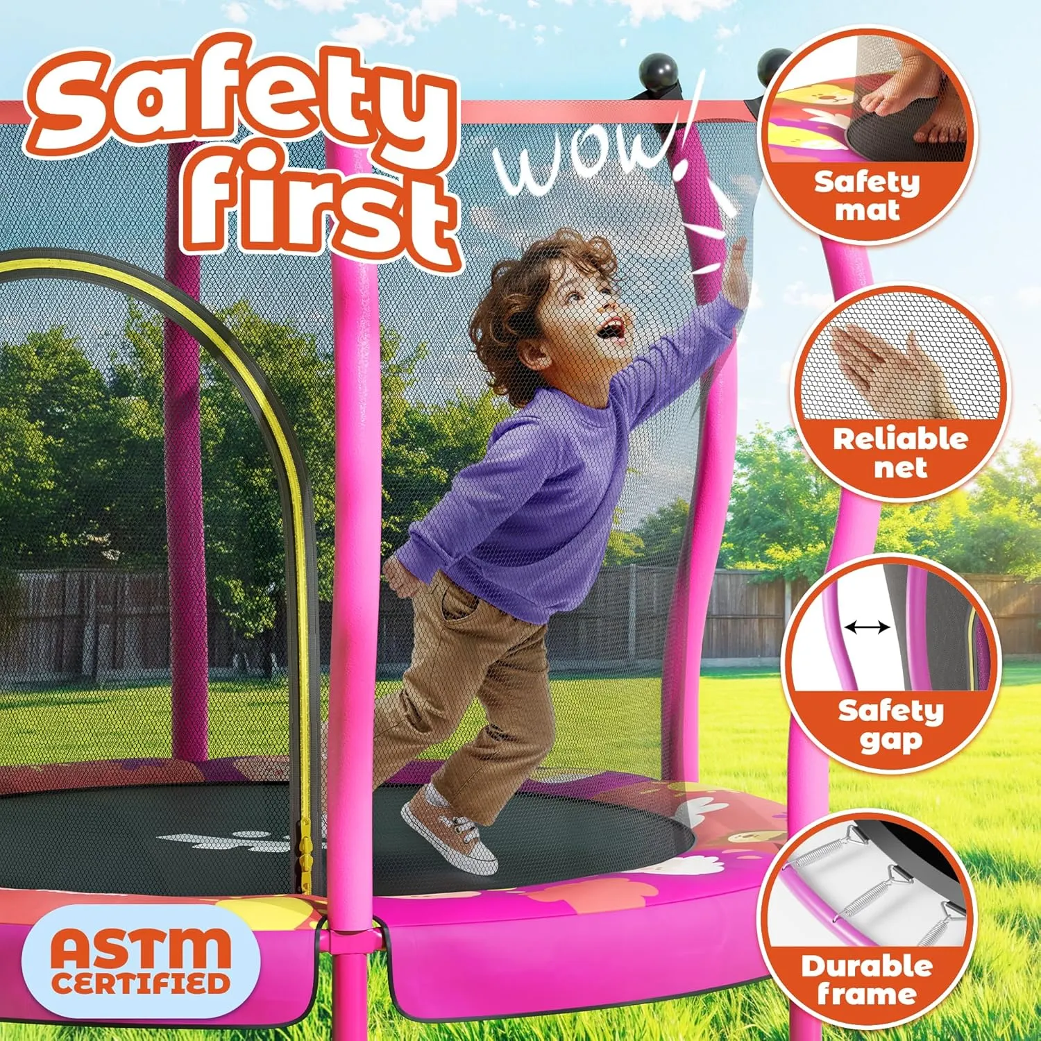Happin® 55” Toddler Trampoline Indoor & Outdoor Playset, 5FT Kids Trampoline, Ultra Safe Mini Trampoline for Kids with Safety Enclosure Net, Gifts for Birthday with Basketball Hoop