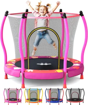 Happin® 55” Toddler Trampoline Indoor & Outdoor Playset, 5FT Kids Trampoline, Ultra Safe Mini Trampoline for Kids with Safety Enclosure Net, Gifts for Birthday with Basketball Hoop