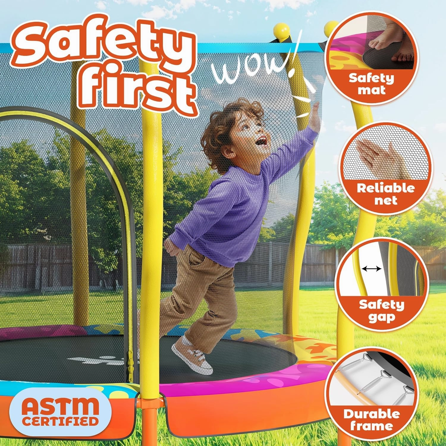 Happin® 55” Toddler Trampoline Indoor & Outdoor Playset, 5FT Kids Trampoline, Ultra Safe Mini Trampoline for Kids with Safety Enclosure Net, Gifts for Birthday with Basketball Hoop