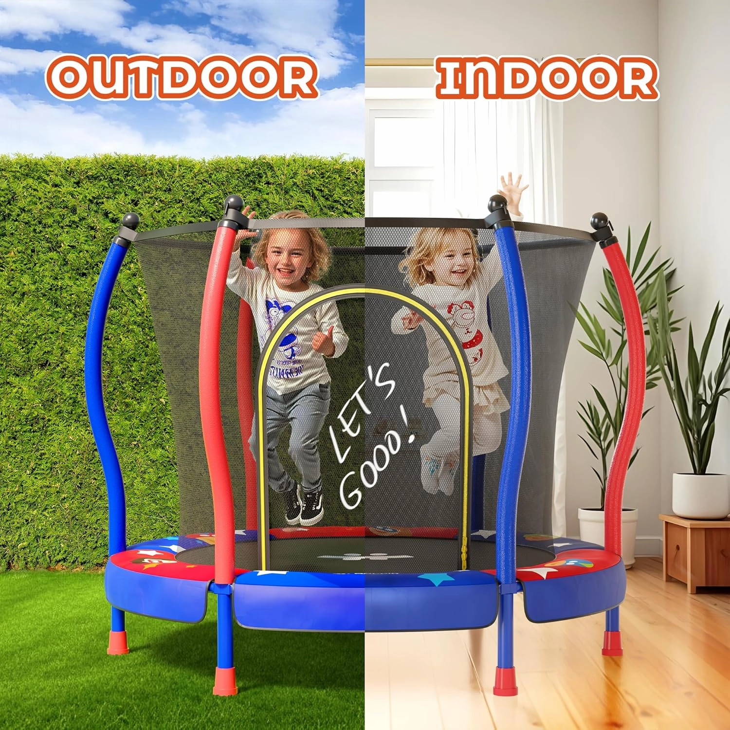 Happin® 55” Toddler Trampoline Indoor & Outdoor Playset, 5FT Kids Trampoline, Ultra Safe Mini Trampoline for Kids with Safety Enclosure Net, Gifts for Birthday with Basketball Hoop