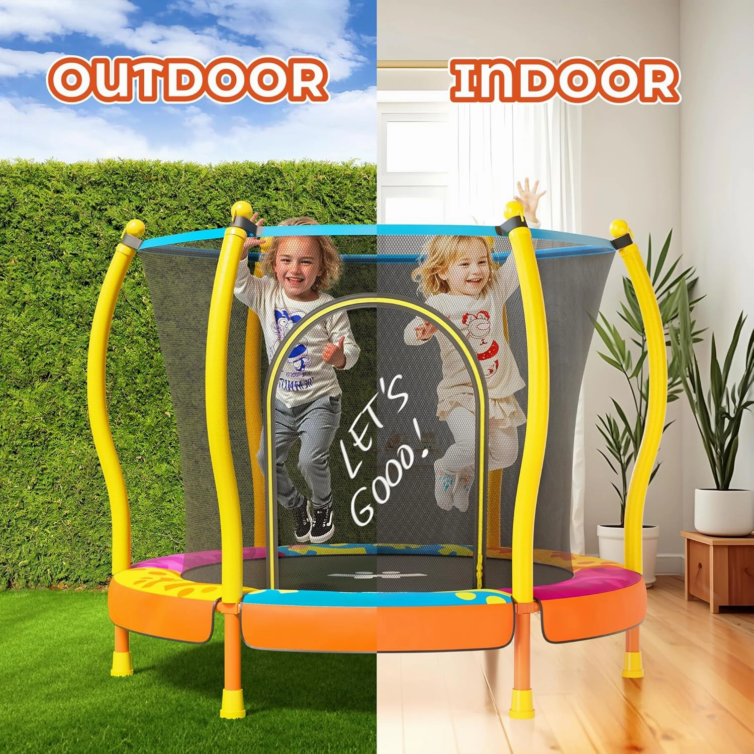Happin® 55” Toddler Trampoline Indoor & Outdoor Playset, 5FT Kids Trampoline, Ultra Safe Mini Trampoline for Kids with Safety Enclosure Net, Gifts for Birthday with Basketball Hoop