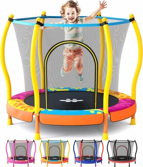 Happin® 55” Toddler Trampoline Indoor & Outdoor Playset, 5FT Kids Trampoline, Ultra Safe Mini Trampoline for Kids with Safety Enclosure Net, Gifts for Birthday with Basketball Hoop