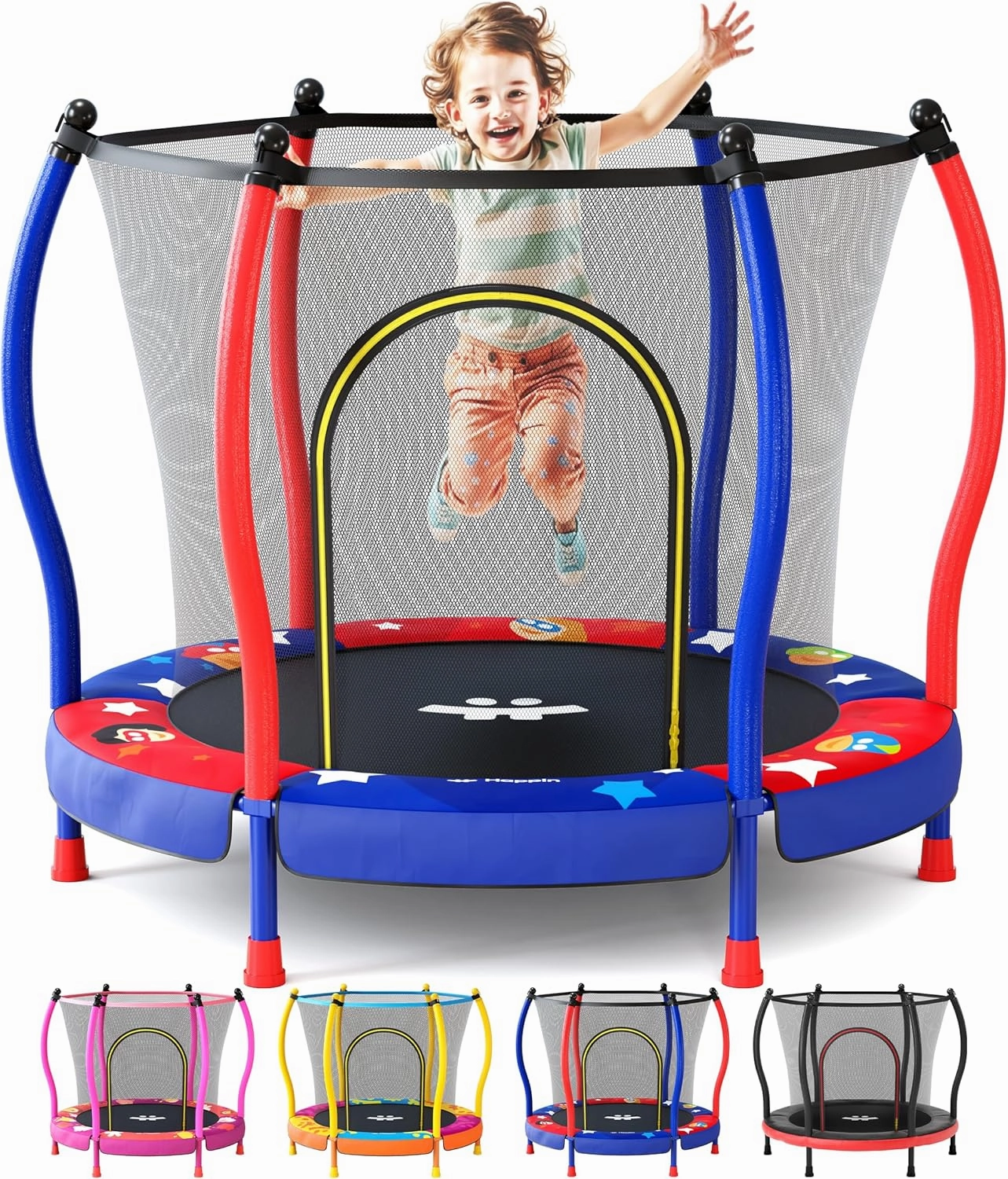 Happin® 55” Toddler Trampoline Indoor & Outdoor Playset, 5FT Kids Trampoline, Ultra Safe Mini Trampoline for Kids with Safety Enclosure Net, Gifts for Birthday with Basketball Hoop
