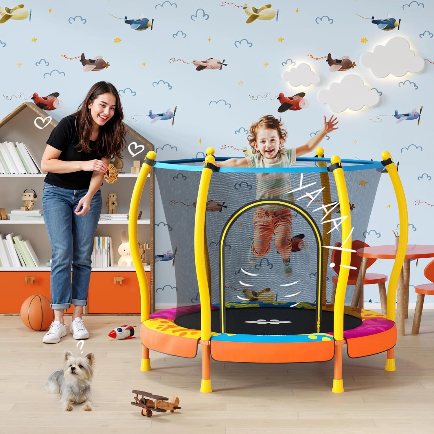 Happin® 55” Toddler Trampoline Indoor & Outdoor Playset, 5FT Kids Trampoline, Ultra Safe Mini Trampoline for Kids with Safety Enclosure Net, Gifts for Birthday with Basketball Hoop