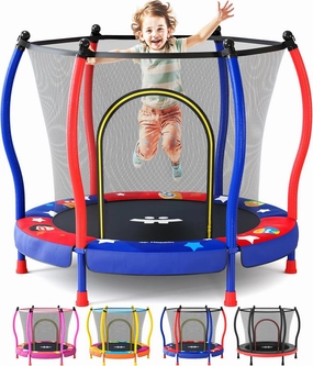 Happin® 55” Toddler Trampoline Indoor & Outdoor Playset, 5FT Kids Trampoline, Ultra Safe Mini Trampoline for Kids with Safety Enclosure Net, Gifts for Birthday with Basketball Hoop