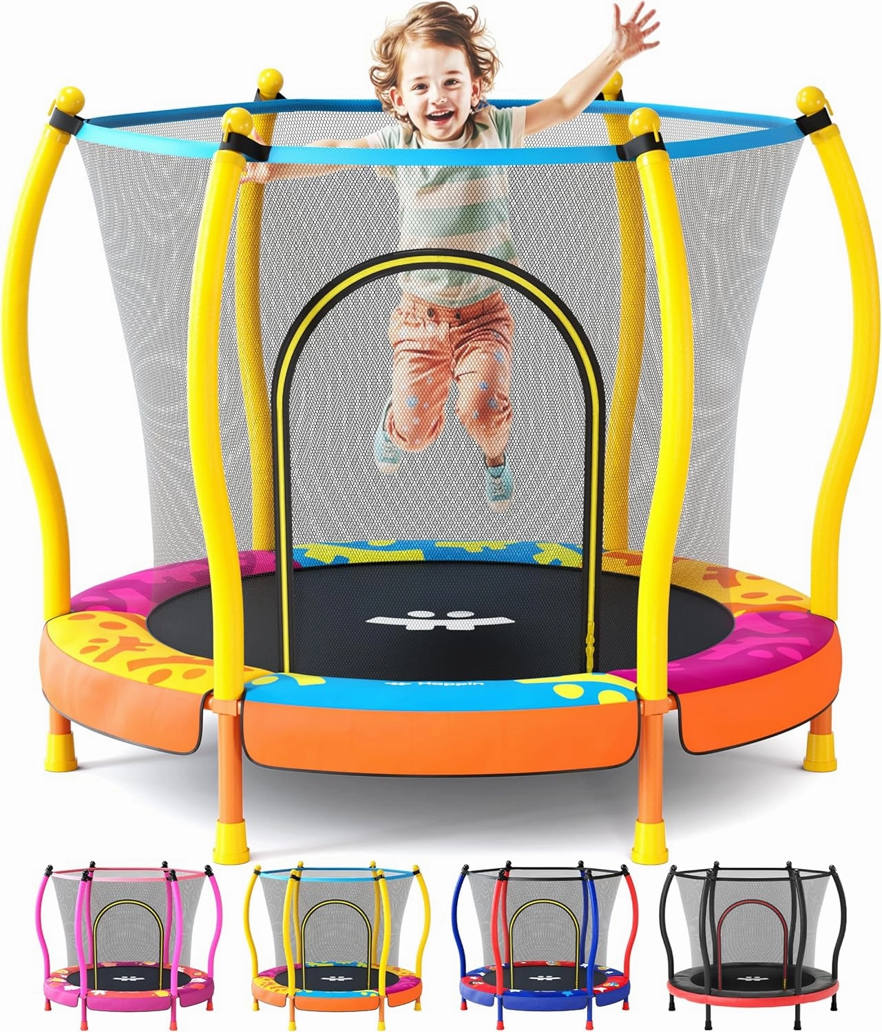 Happin® 55” Toddler Trampoline Indoor & Outdoor Playset, 5FT Kids Trampoline, Ultra Safe Mini Trampoline for Kids with Safety Enclosure Net, Gifts for Birthday with Basketball Hoop