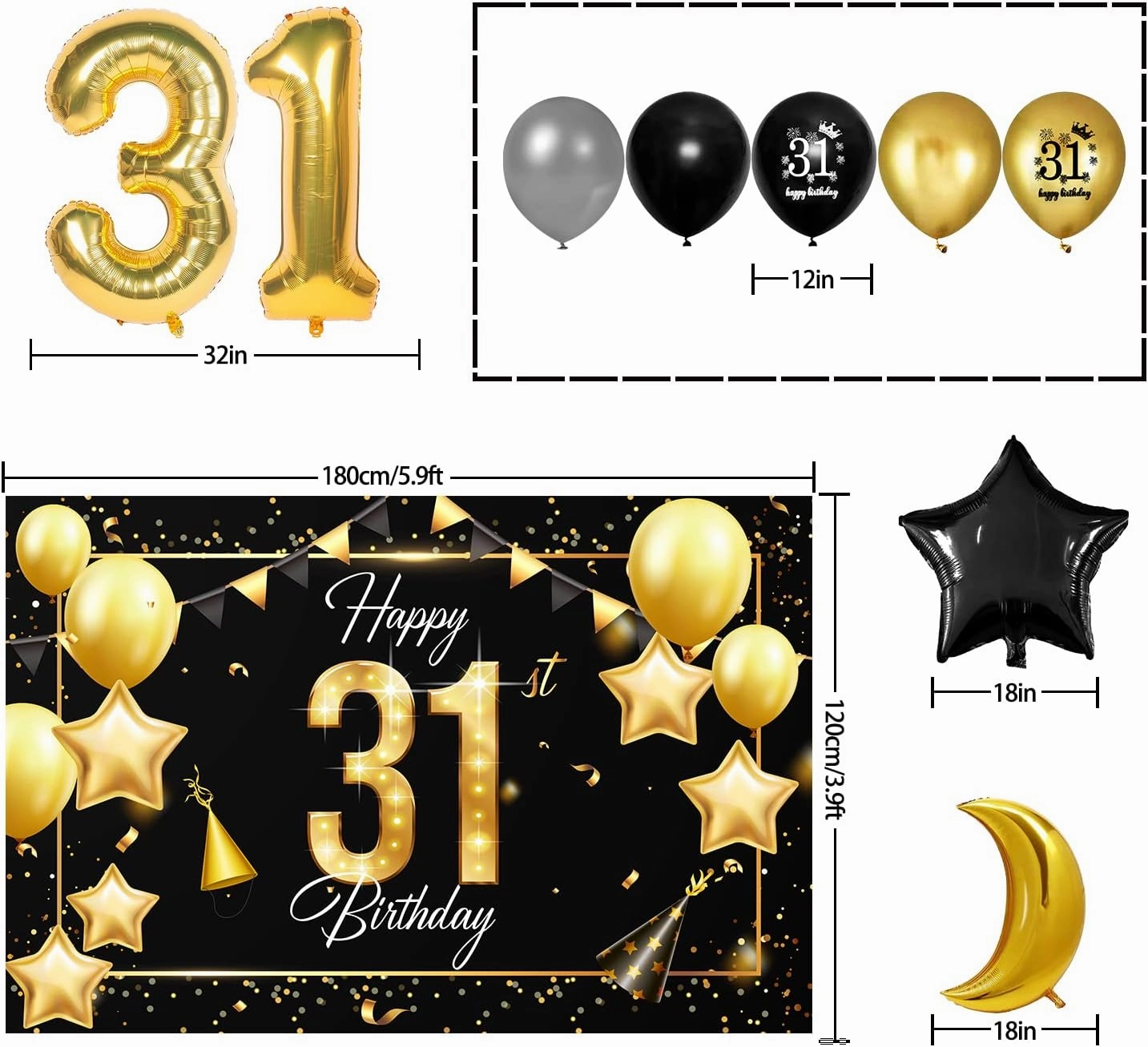 Happy 31st Birthday Balloons Gold Set Decor - Cheers to 31 Years Old Party Theme Garland Star Moon Banner Backdrop Decorations For Women and Men Supplies