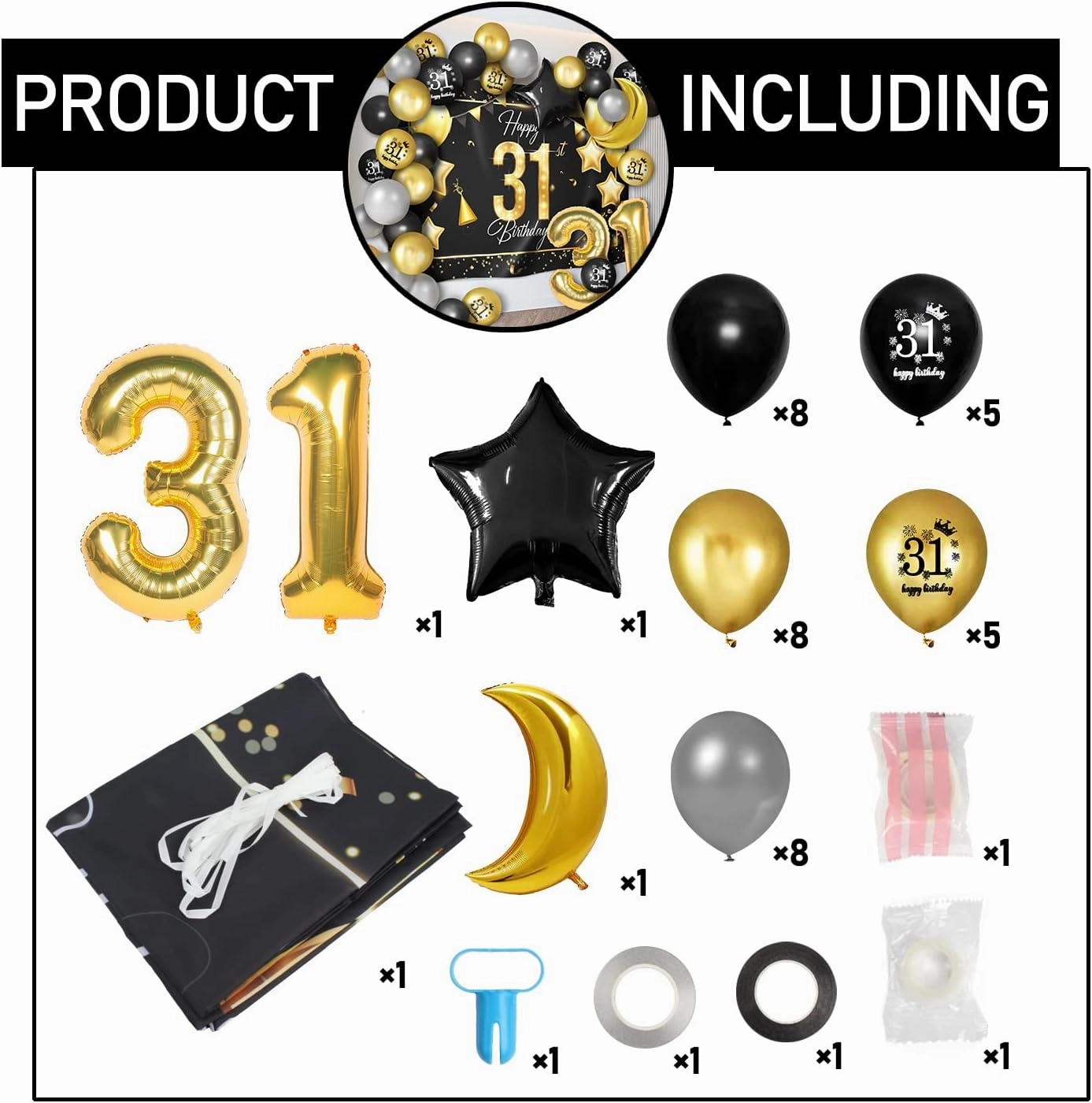 Happy 31st Birthday Balloons Gold Set Decor - Cheers to 31 Years Old Party Theme Garland Star Moon Banner Backdrop Decorations For Women and Men Supplies