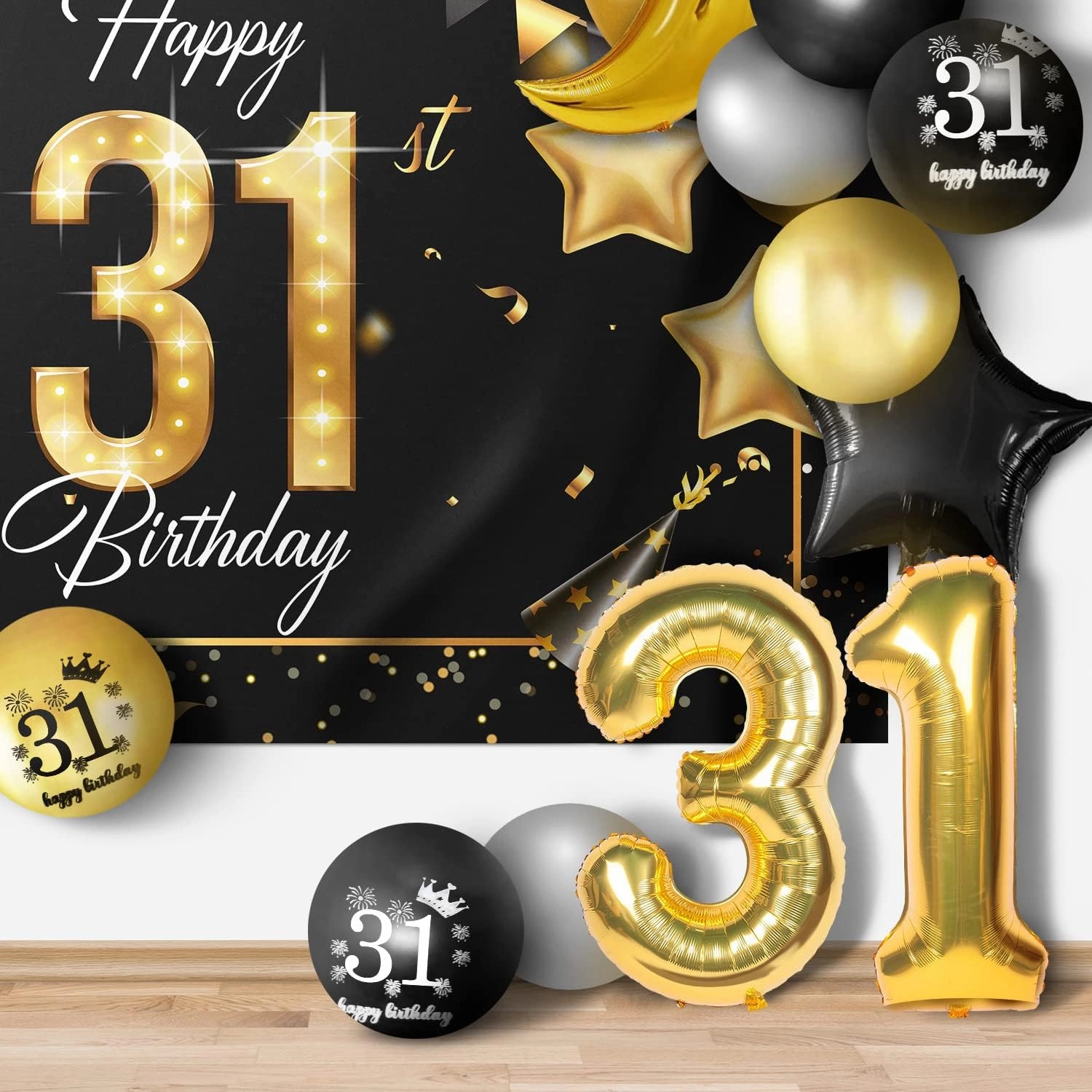 Happy 31st Birthday Balloons Gold Set Decor - Cheers to 31 Years Old Party Theme Garland Star Moon Banner Backdrop Decorations For Women and Men Supplies