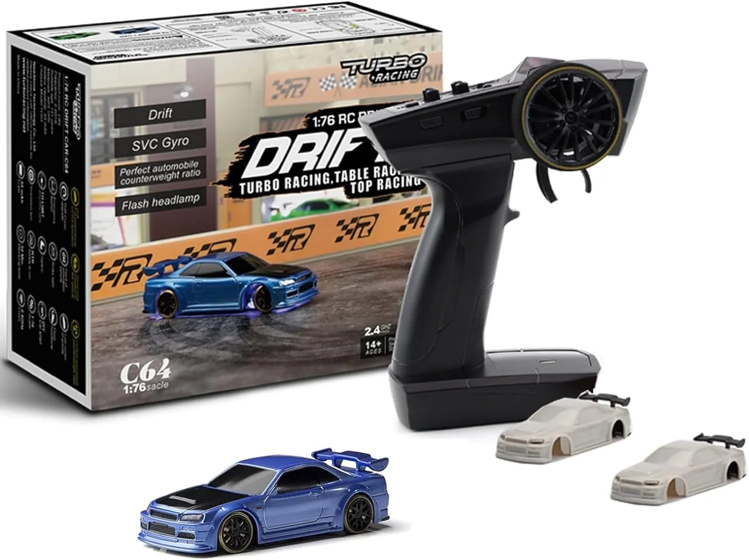 Helidirect 1:76 Scale Drift RC Car, RC Mini Drift Car 1:76 Scale with Gyro Mini Full Proportional P21-SVC Remote Control with 2 Replaceable Body Shell (Dark blueC64)