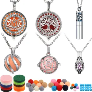 Hicarer 6 Pcs Essential Oil Diffuser Necklace for Women, Aromatherapy Locket Pendant Stainless Steel Scent Necklace with 60 Pieces Refill Pads and Balls for Men Women Jewelry Accessory Birthday Gift