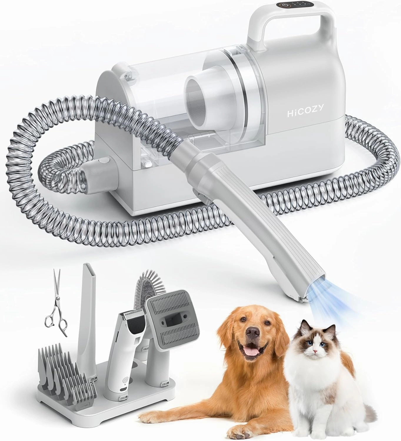 Hicozy S1  Dog Grooming Vacuum, 12000Pa Minimum 50dB Quiet Dog Vacuum for Shedding Grooming with 2L Dust Cup, 6 Professional Pet Accessories with Clippers, Gray