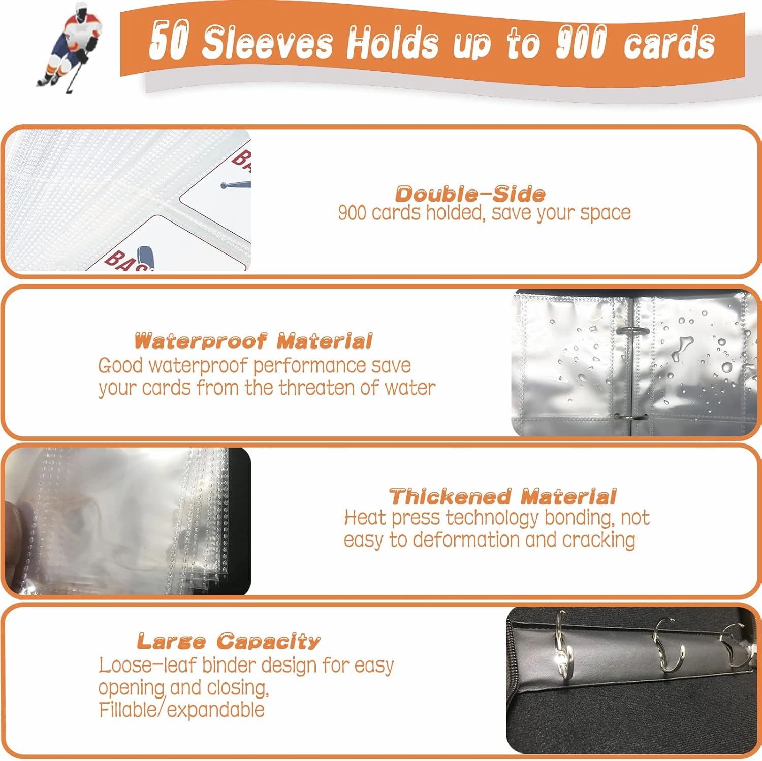 Hockey Card Binder, Trading Card Binder 9 Pocket with 50 Removable Sleeves Fits 900 Sport Cards, 3 Ring Card Holder Binder with Zipper, Collector Storage Album