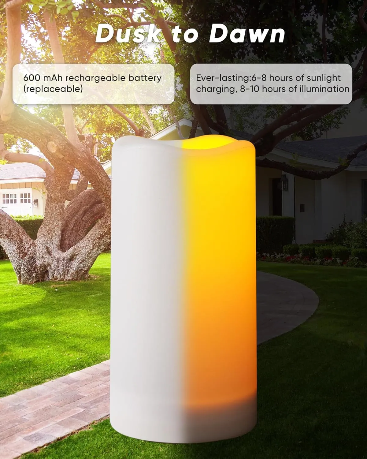 Homemory Solar Candles Outdoor Waterproof, Rechargeable Candles, Solar Powered Flameless Candles for Outdoor, Lanterns, Sensor Only, Dusk to Dawn, 3"x6", Set of 2