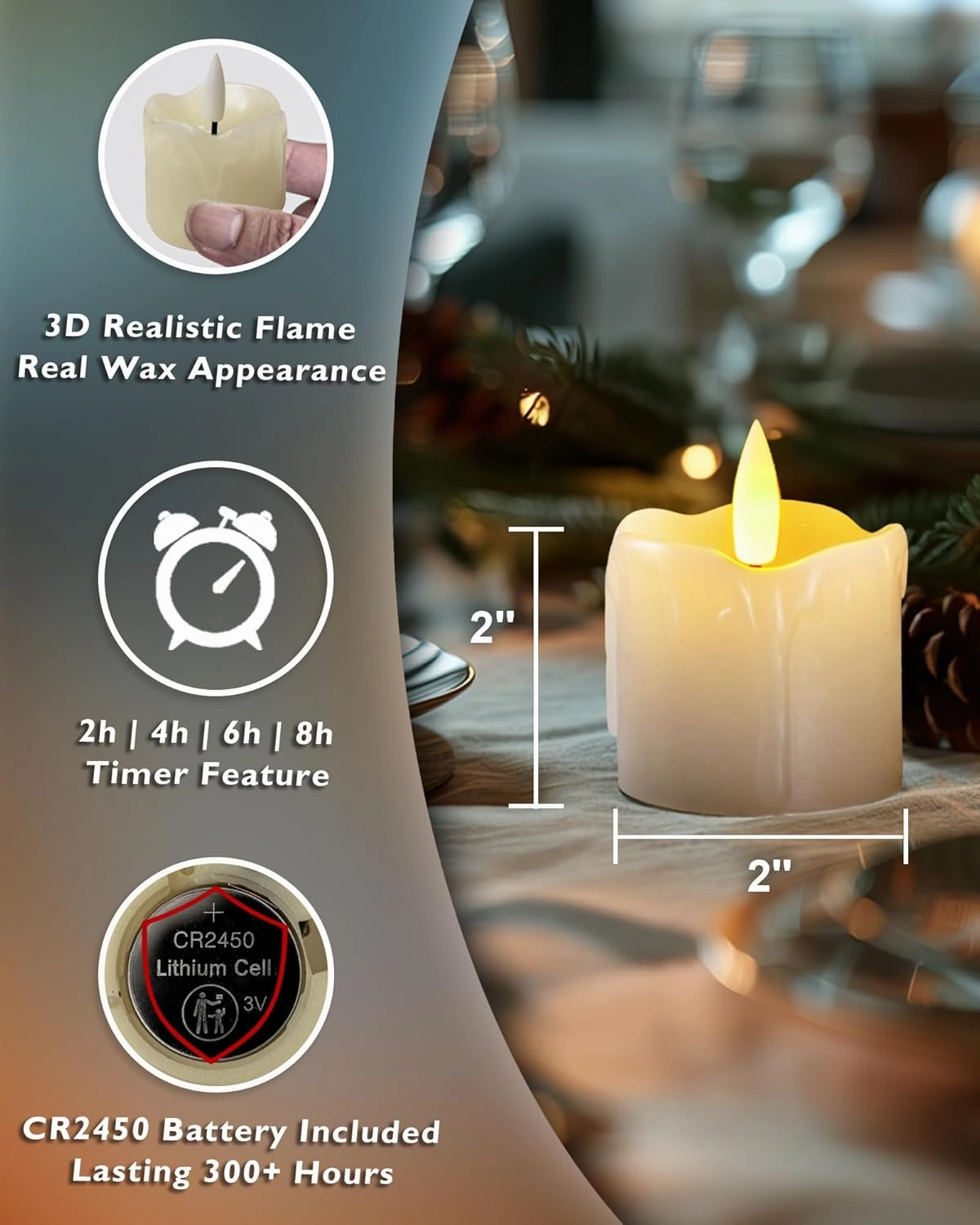 Homemory Flameless Votive Candles with Timer Remote, 2" x 2" Real Wax, 300  Hour Realistic Black Wick Battery Operated Candles, Set of 6 for Wedding, Party and Holiday Decoration (Battery Included)