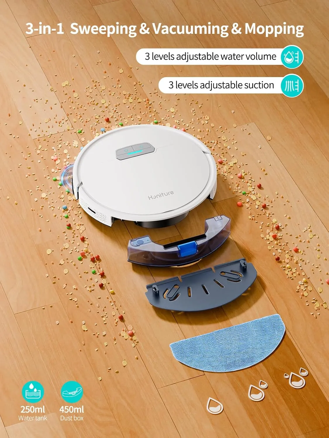 HONITURE Robot Vacuum and Mop Combo, 4000pa Strong Suction, G20 Robot Vacuum Cleaner with Self-Charging, 150Mins Max, App&Remote&Voice Control, Super-Slim, Ideal for Pet Hair