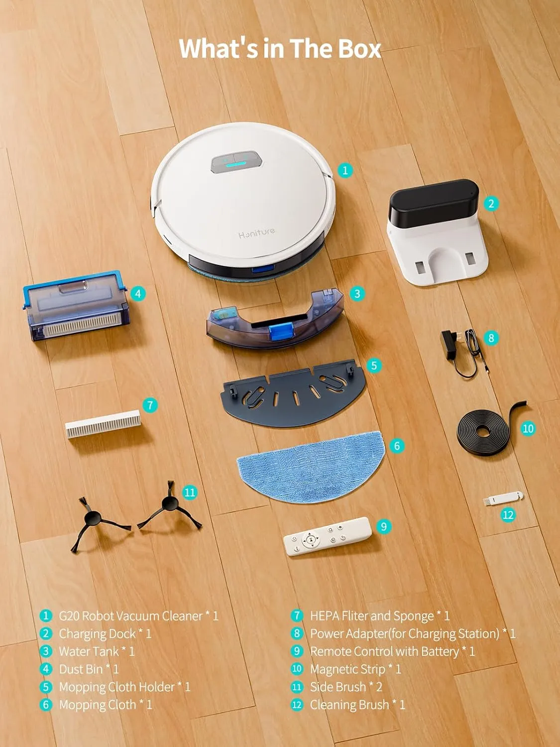 HONITURE Robot Vacuum and Mop Combo, 4000pa Strong Suction, G20 Robot Vacuum Cleaner with Self-Charging, 150Mins Max, App&Remote&Voice Control, Super-Slim, Ideal for Pet Hair