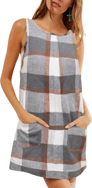 Hooever Plaid Overall Dress for Women Round Neck A Line Skirtall Jumper Mini Dress Pinafore with Pockets