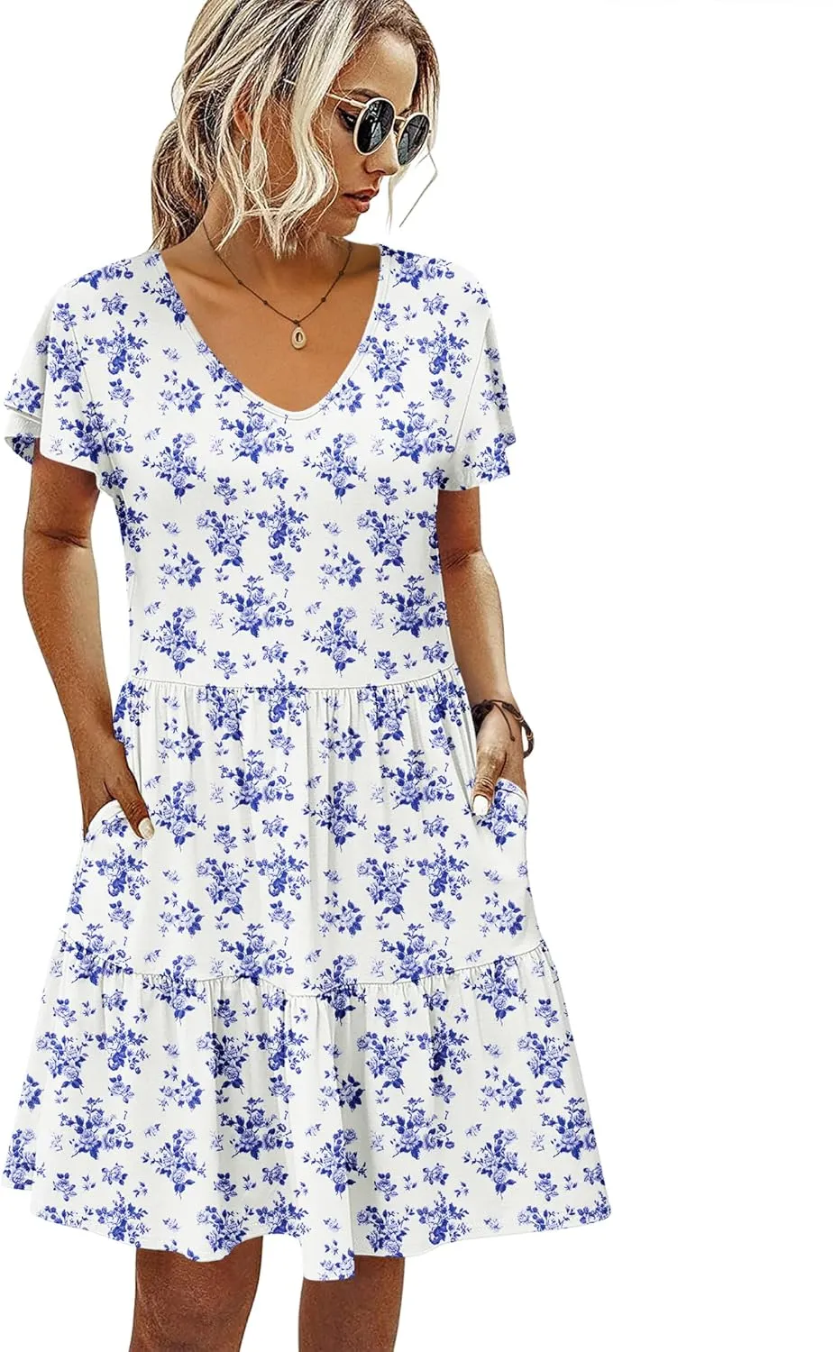 HOTOUCH Women's Casual Tiered Dress with Pockets V Neck Ruffle Dress Cap Sleeve Swing Mini Dress A-Line Dresses